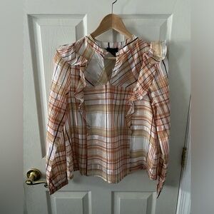 Anthropologie Current Air Polly Plaid Ruffle Silk Blend Sheer Blouse Size XS NWT